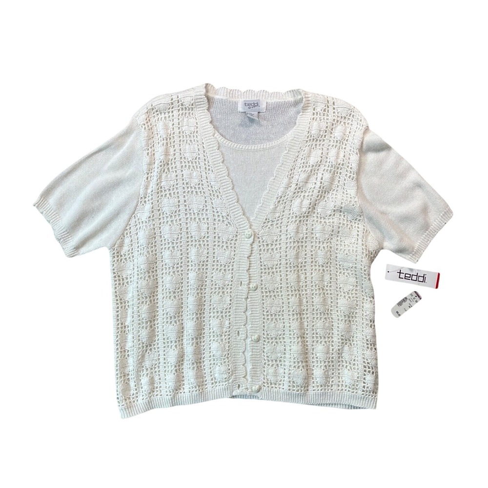 Teddi Vintage Deadstock White Crochet Heart Knit Cardigan Sweater Set 1X